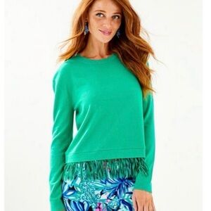 Lilly Pulitzer Marguerite Fringe-Hem Sweater Emerald Isle Green Pullover Size M